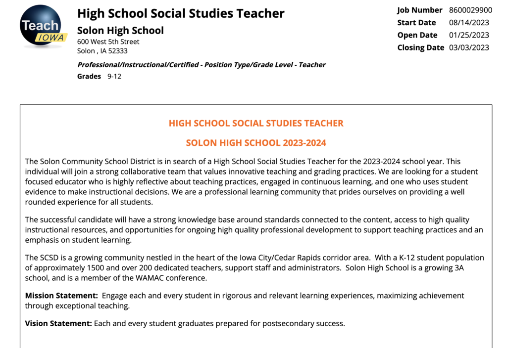 High School Teaching Opening